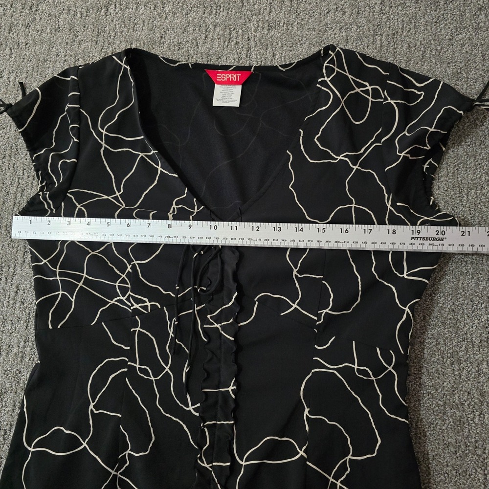 Esprit Black Abstract Print Ruffle Front Dress Womens 13-14 V Neck Midi - Picture 5 of 8